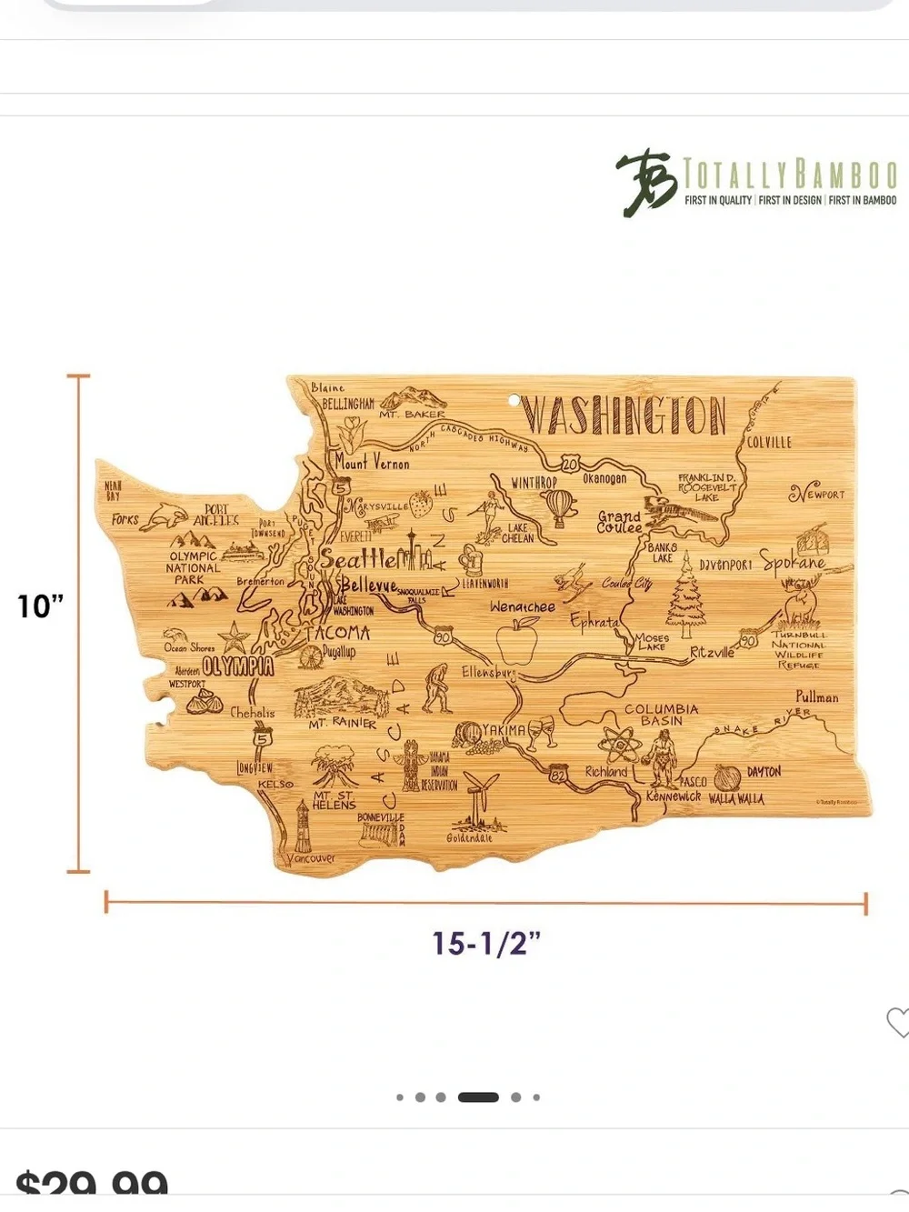 Totally Bamboo Destination Washington State State-Shaped Serving Cutting Board